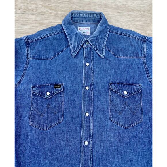 Vtg. 60's 70's Wrangler Denim Pearl Snap Western Shirt PreShrunk Men's USA Made - Picture 3 of 8
